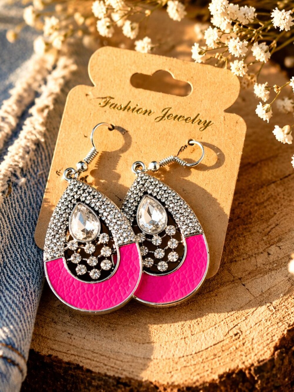 Hot Pink Rhinestone Statement Earrings Western Glam Boho Festival
